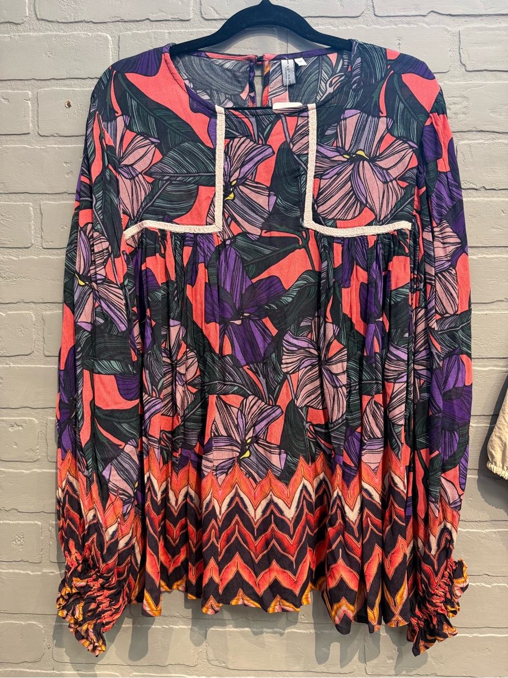 Boho Floral Long-Sleeve Blouse in Coral & Purple